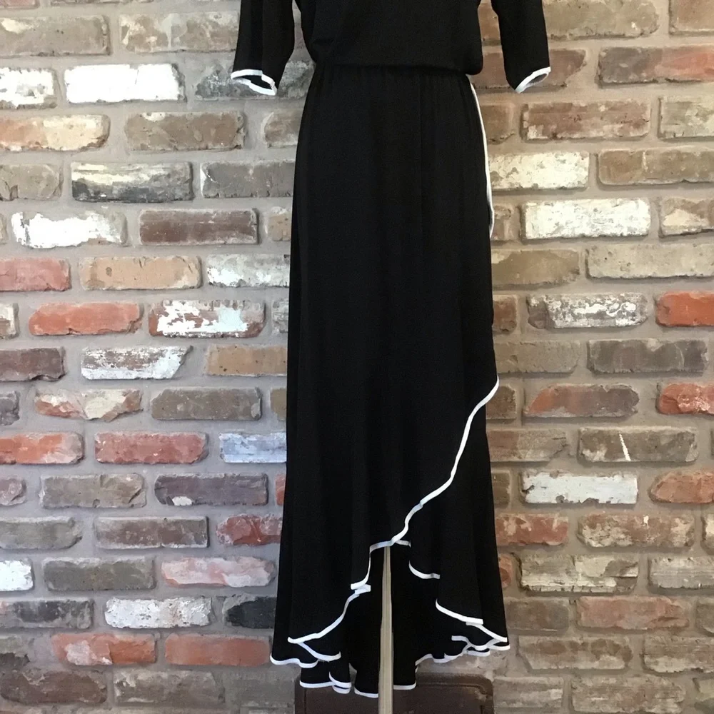 SPENSE Women's Black with White Piping Trim 3/4 Sleeve Asymmetrical Dress L - Picture 4 of 6